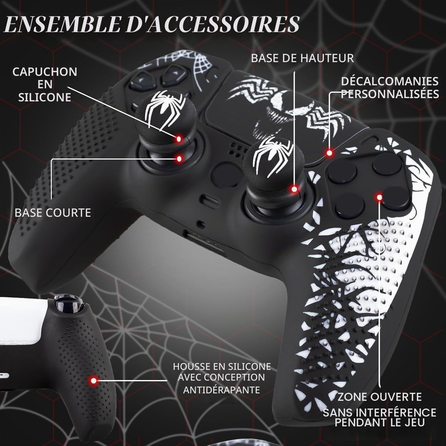 1 autocollant en silicone et 2 poignées d'extension pour manette PS5 Blanc venin