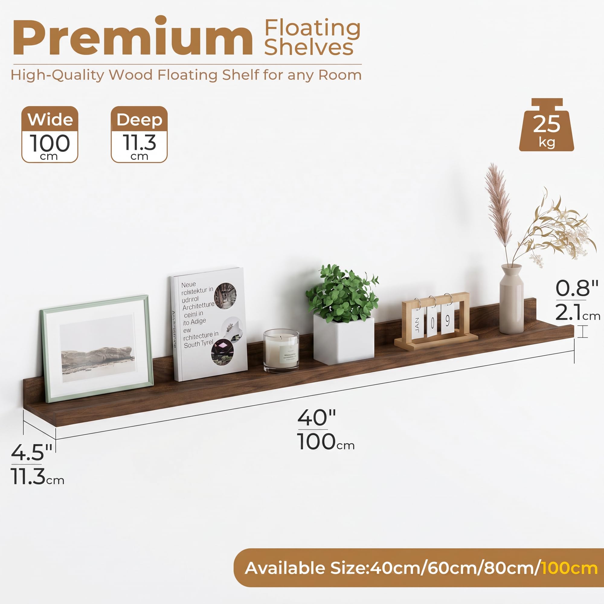 Estantería de Pared, 100 cm, Juego de 2 Unidades, Carga máxima de 25 kg, estantería de Pared de Nogal para Marcos de Fotos, Libros, Decoraciones, Discos de Vinilo, estantería Flotante para