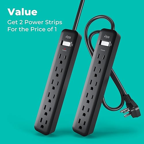 Miniatura 3 de KMC Regleta de alimentación de 6 tomas, paquete de 2, regletas negras, cable de extensión corto de 2 pies con múltiples tomas, 6 tomas de corriente