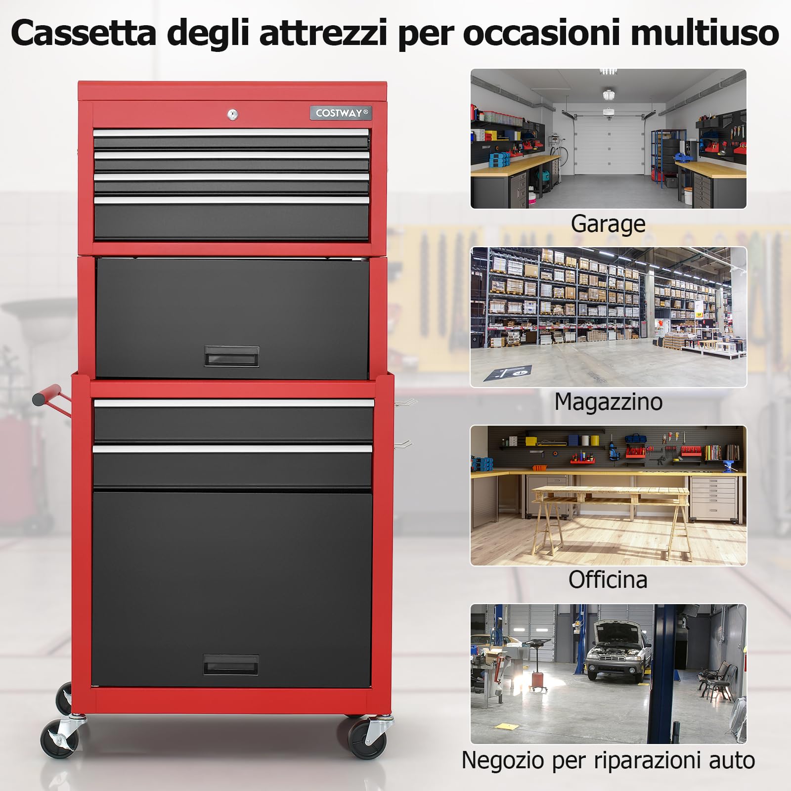 GYMAX Carrello Portautensili da Officina, Design 2 in 1 con Rotelle, Carrello con 6 Cassetti, Porte Scorrevoli e Serratura di Sicurezza, 61,5 x 33 x 132 cm (nero+rosso)