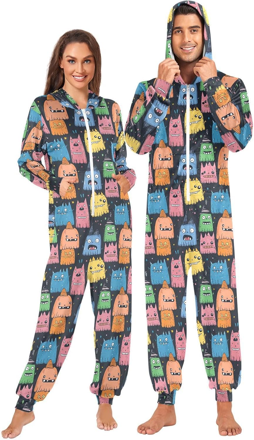 Colorful Cartoon Crayons Monsters Zipper Hooded Adult Jumpsuit Pajamas with Pockets XS-3XL
