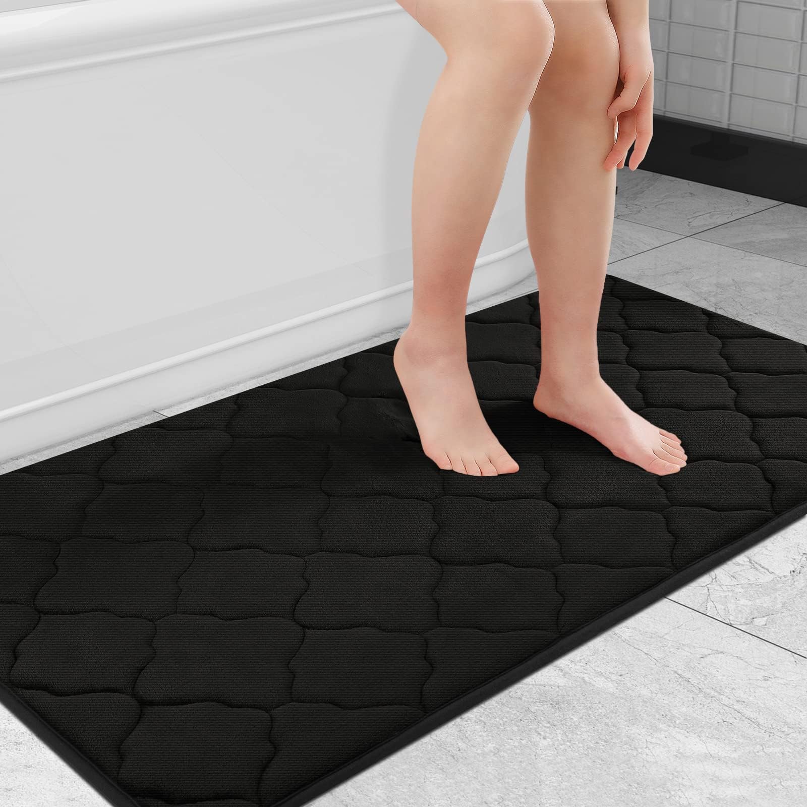 OLANLYMemory Foam Bath Mat Rug, Large Size Ultra Soft Non Slip and Absorbent Bathroom Rug, Machine Wash Dry, Comfortable, Thick Bath Rug Carpet Runner, 24x47, BlackOEKO-TEX STANDARD 100
