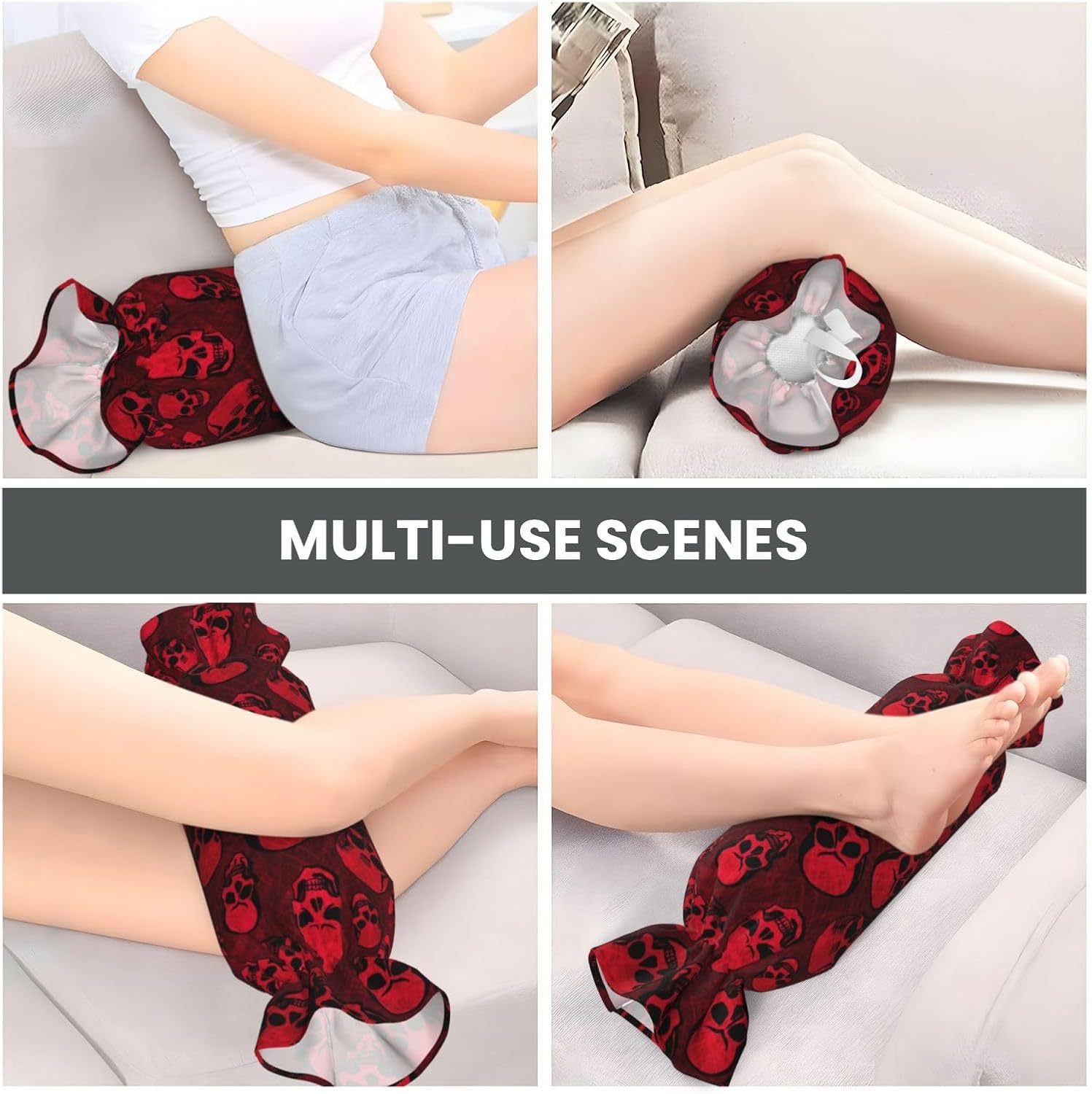 赤い頭蓋骨プリント キャンディ円筒形 実用的な枕 万能快適 寝室 リビングルーム 旅行