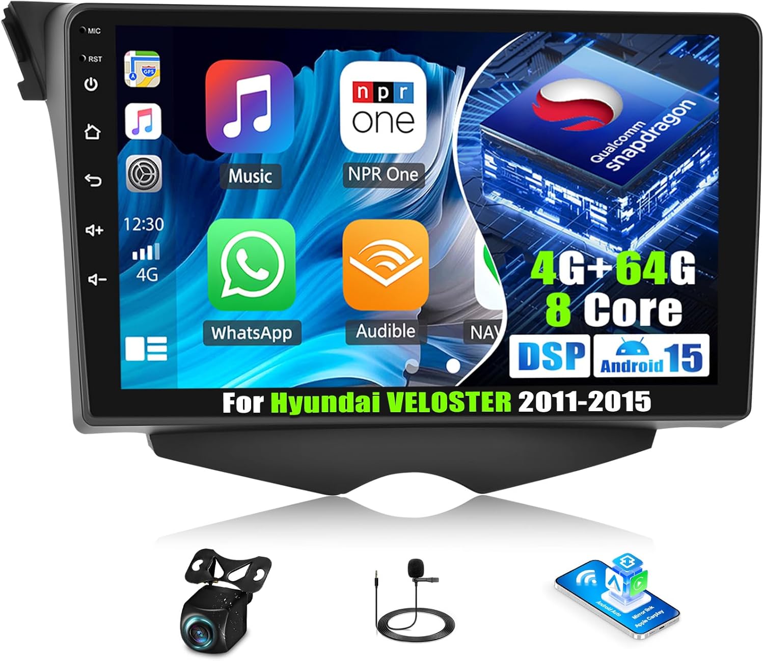 4G+64G 8Core Android 15 Car Radio for Hyundai Veloster 2011-2015, 9''Touch Screen Carplay Android Auto/Bluetooth FMRDS/GPS Navigation/3D Car Dynamic Effects/Cooling Fans/SWC+AHD Backup Camera