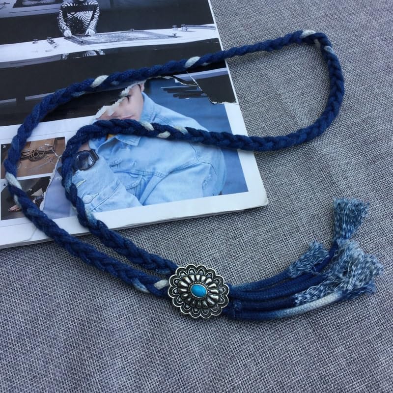 Handmade Tie-Dyed Bolo Tie for Men Women, Blue & White Rope, Western Concho Turquoise Accent Necktie