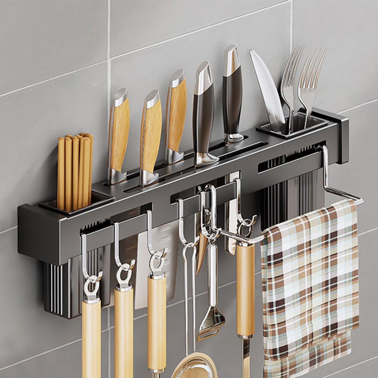 ZINLEY Wall Mounted Kitchen Organizer Rack with Knife Holder, Utensil Hooks & Towel Bar β Multifunction Stainless Steel Storage Rack for Kitchen Tools (Black) 2