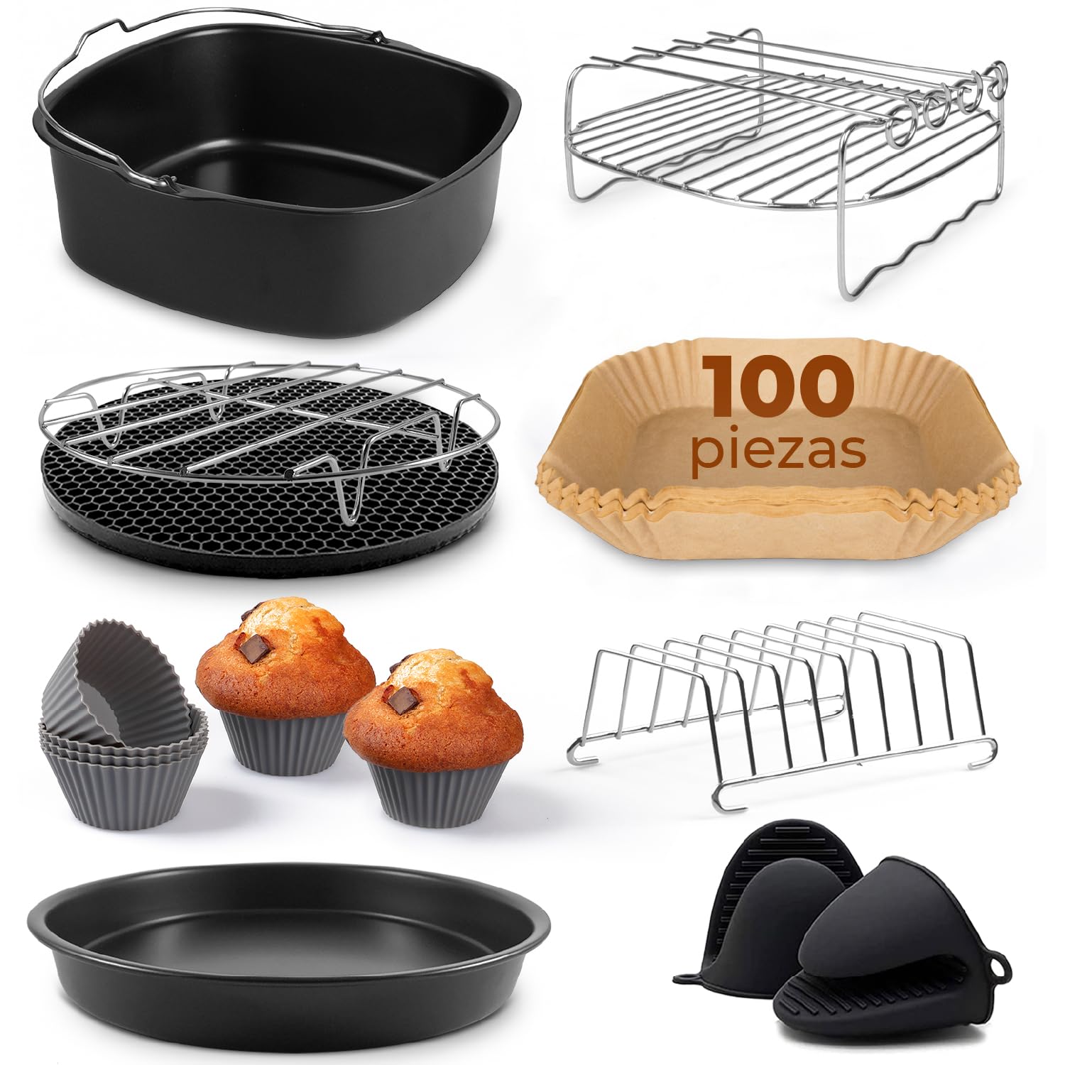 Fentic Accesorios Freidora de Aire – 19 piezas – Apto para freidora de aire XL y XXL, Philips, Cosori 5.5L, Ninja, Cecotec, Tefal, Princess – Incluye Papel Freidora Aire y libro de recetas electrónico