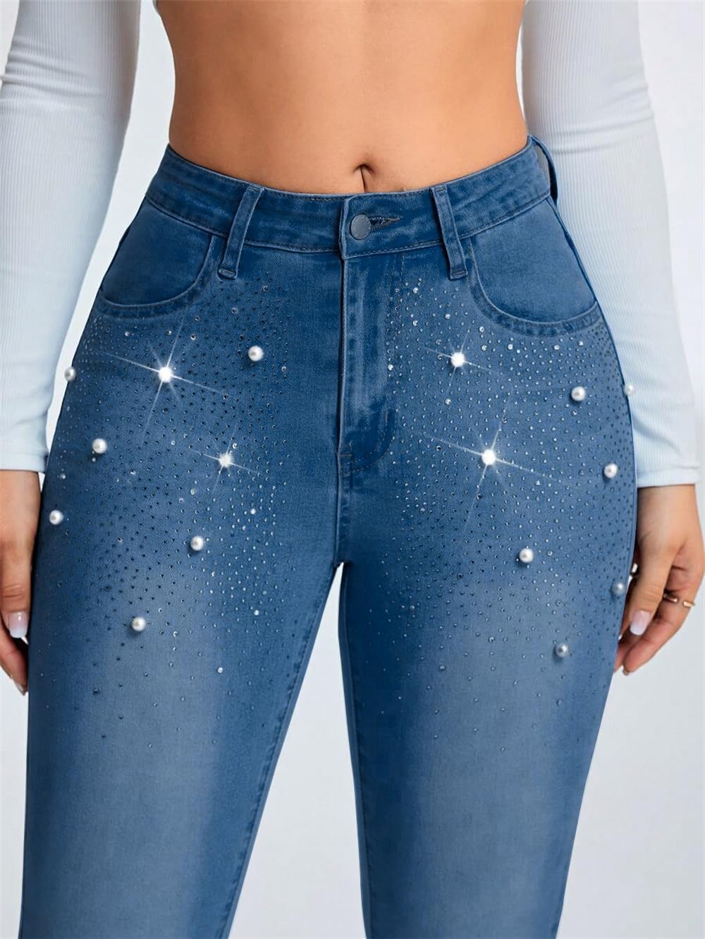 Pearl Jeans for Women Rhinestone Low Rise Skinny Jeans Embellished Ankle Stretchy Denim Pants - Image 3