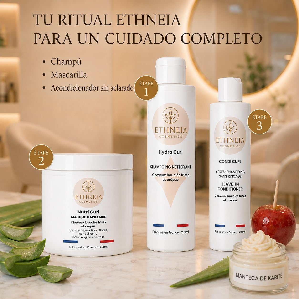 Locken-Routine für welliges, lockiges und krauses Haar – Nutri Curl Maske 250ml + Hydra Curl Shampoo 250ml + Condi Curl Leave-in 200ml – ohne Sulfate, natürlichen Ursprungs, Made in France