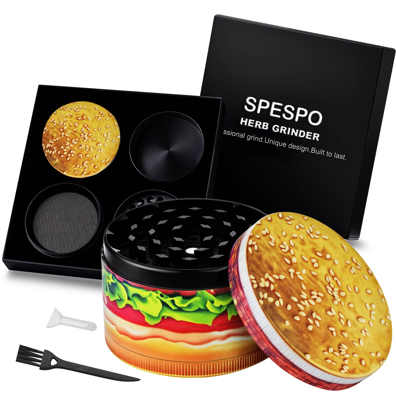 Spespo Herb Grinders, Large Spice Crusher 63mm, 4 Layers Metal Grinder with Pollen Scraper and Brush, for Spices, Herbs & Tea, Black Gift Box (Hamburger)