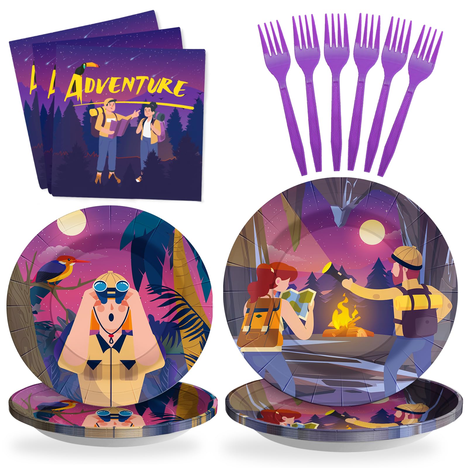SCIONE 96PCS Adventure Plates and Napkins Party Supplies, Adventure Awaits Tableware Set Camping Theme Adventure Birthday Party Decorations for Serves 24 Guests Hiking Camper