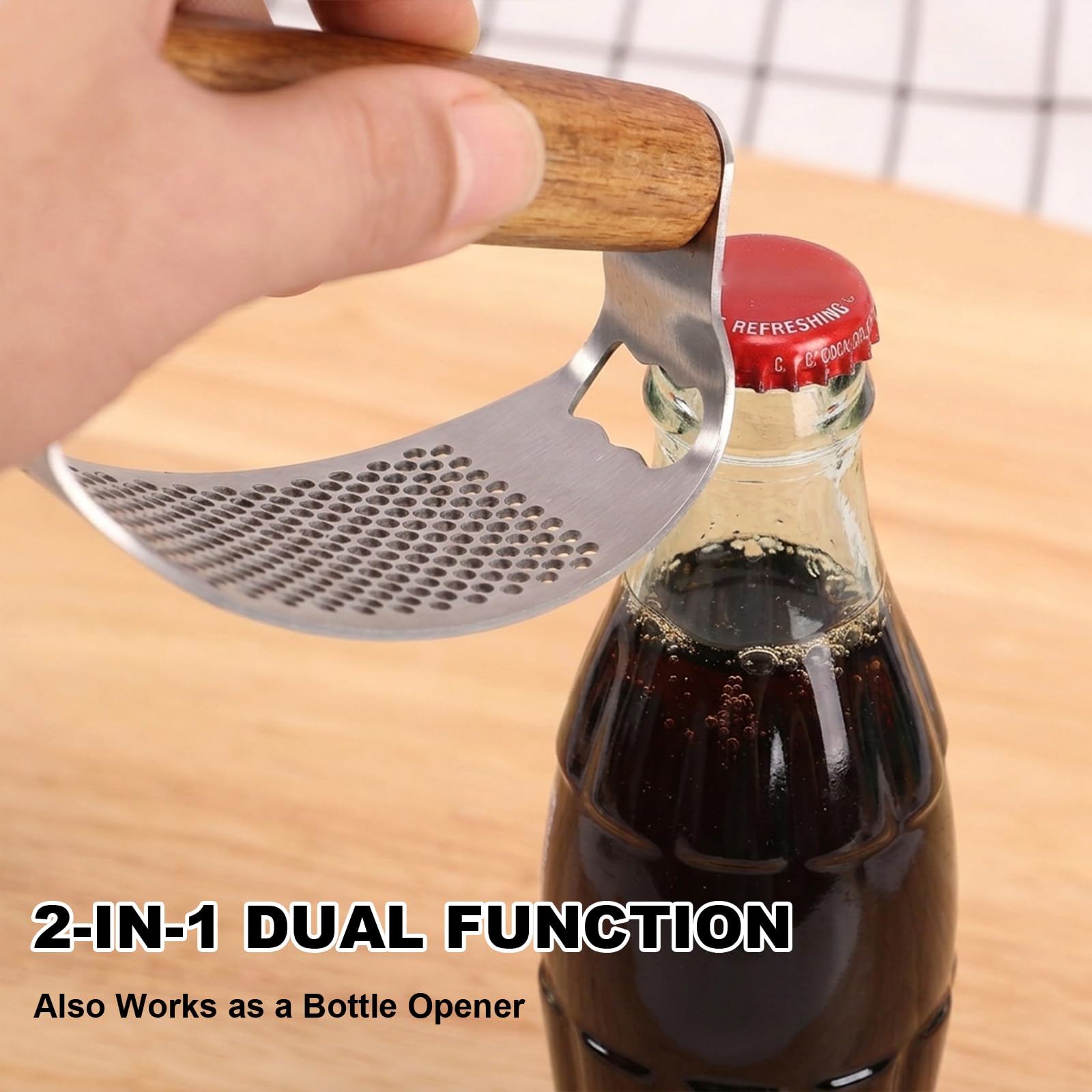 Prensa Ajos Acero Inoxidable con Mango de Madera Ergonómico, 2-en-1 Garlic Press & Abrebotellas, Incluye Pelador Silicona, Cepillo Limpieza, Machacador de Ajos para Picar Jengibre Fácilmente