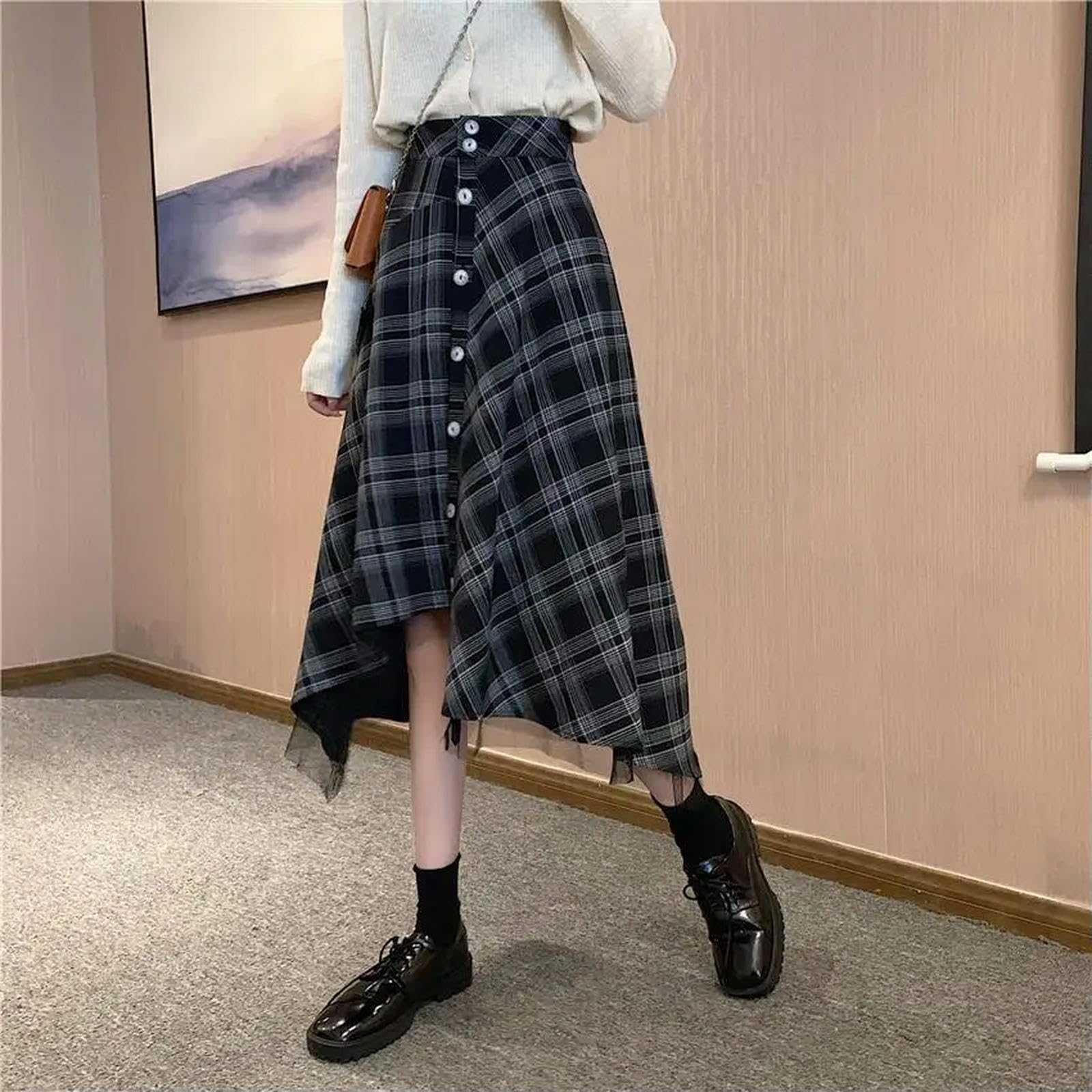Czarna spódnica, damska spódnica w kratę z wysokim stanem, zimowa, vintage, elegancka, ciepła, midi, elastyczna talia, falowana, plisowana spódnica z kieszeniami