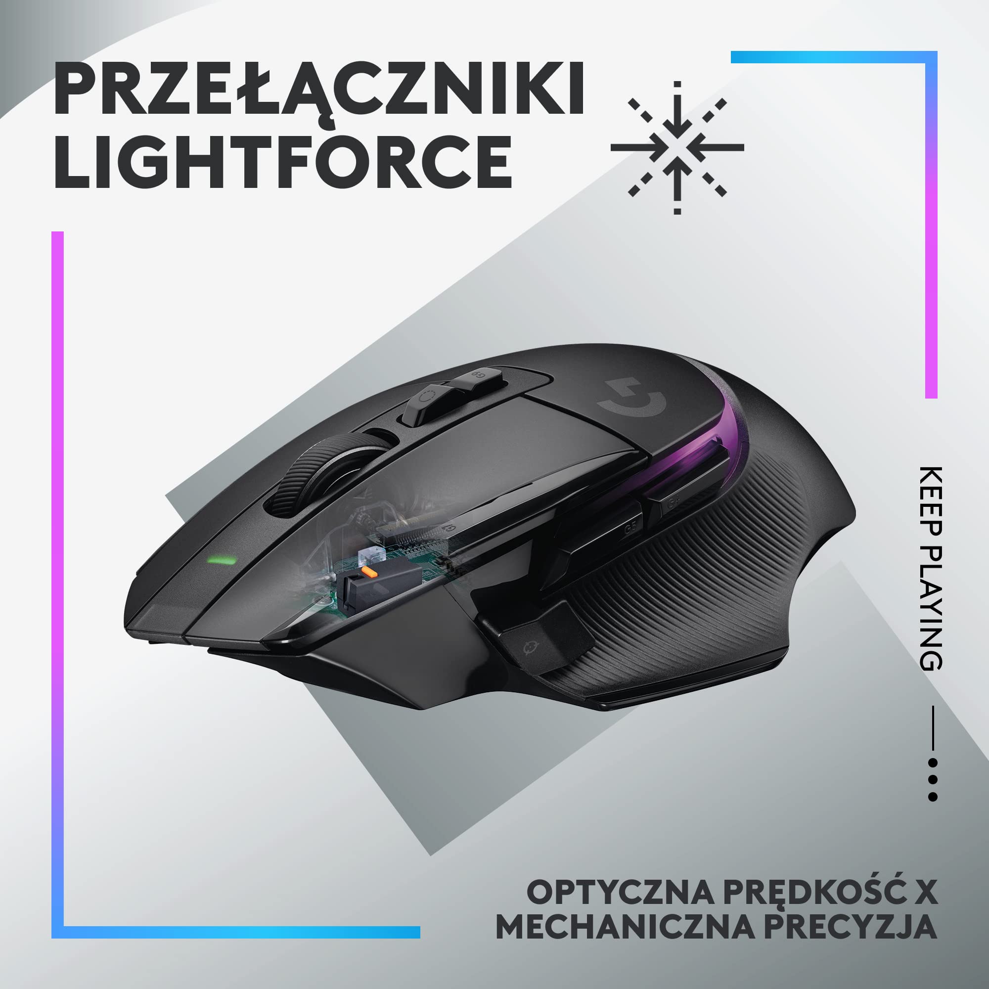 Logitech G502 X bezprzewodowa, podświetlana mysz gamingowa, hybrydowe optyczne przyciski LIGHTFORCE, LIGHTSYNC RGB, sensor HERO 25K, kompatybilna z PC - macOS/Windows - Czarny