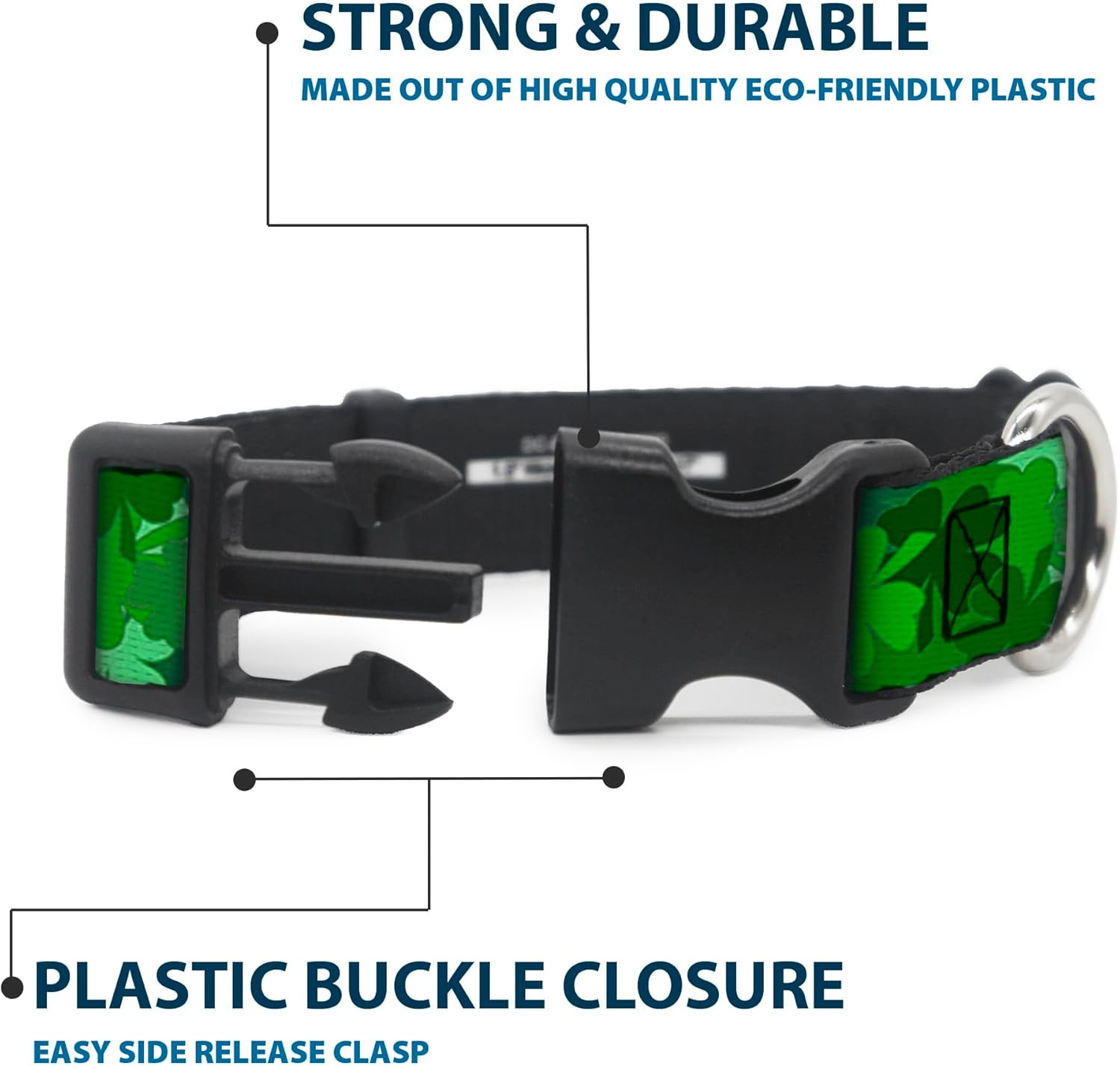 Buckle-Down 18-32" St. Pat'S Stacked Shamrocks Greens Plastic Clip Collar, Wide Large