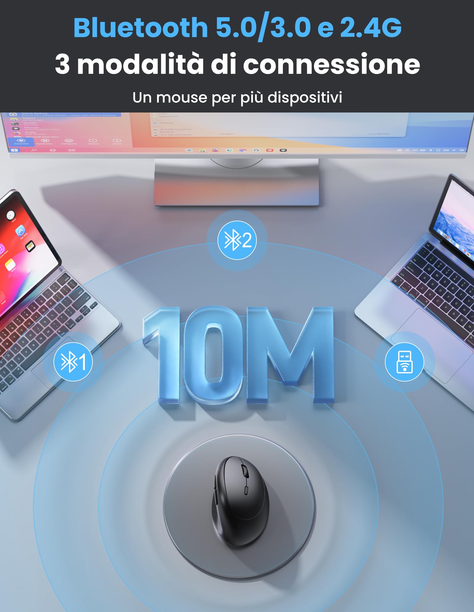 TECKNET Mouse Verticale, Mouse Bluetooth Ergonomico Ricaricabile, Multi-dispositivo (BT5.0/3.0 + 2.4G), 4800 DPI, Clic Silenziosi, 6 Pulsanti Per PC, Computer Portatile, Mac - Nero