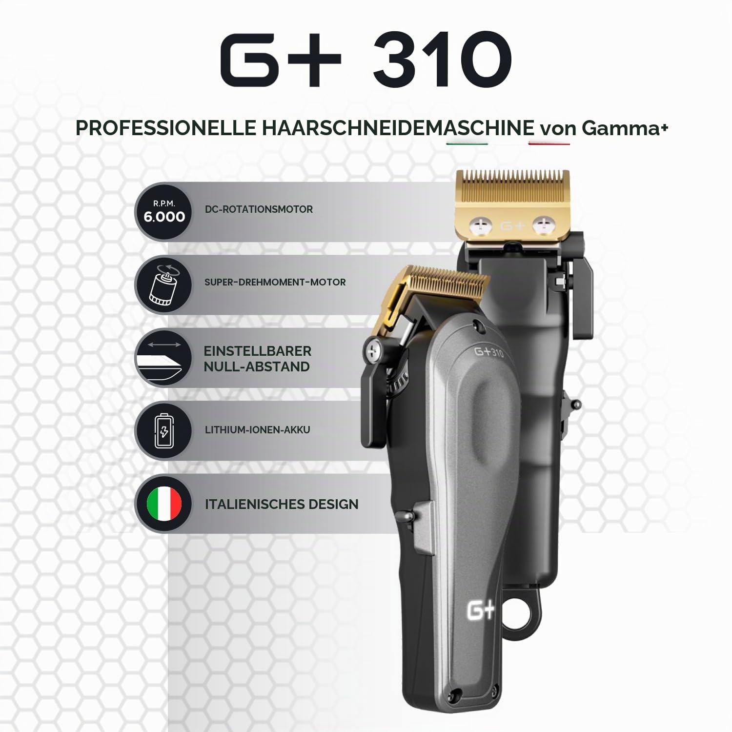 Profi Haarschneider Gamma+ G+310 | Haarschneidemaschine für Herren | Super Torque Rotationsmotor 6000 RPM |Verstellbare Zero-Gap-Klinge | Über 2 Stunden Akkulaufzeit | 4 Aufsteckkämme | USB-C
