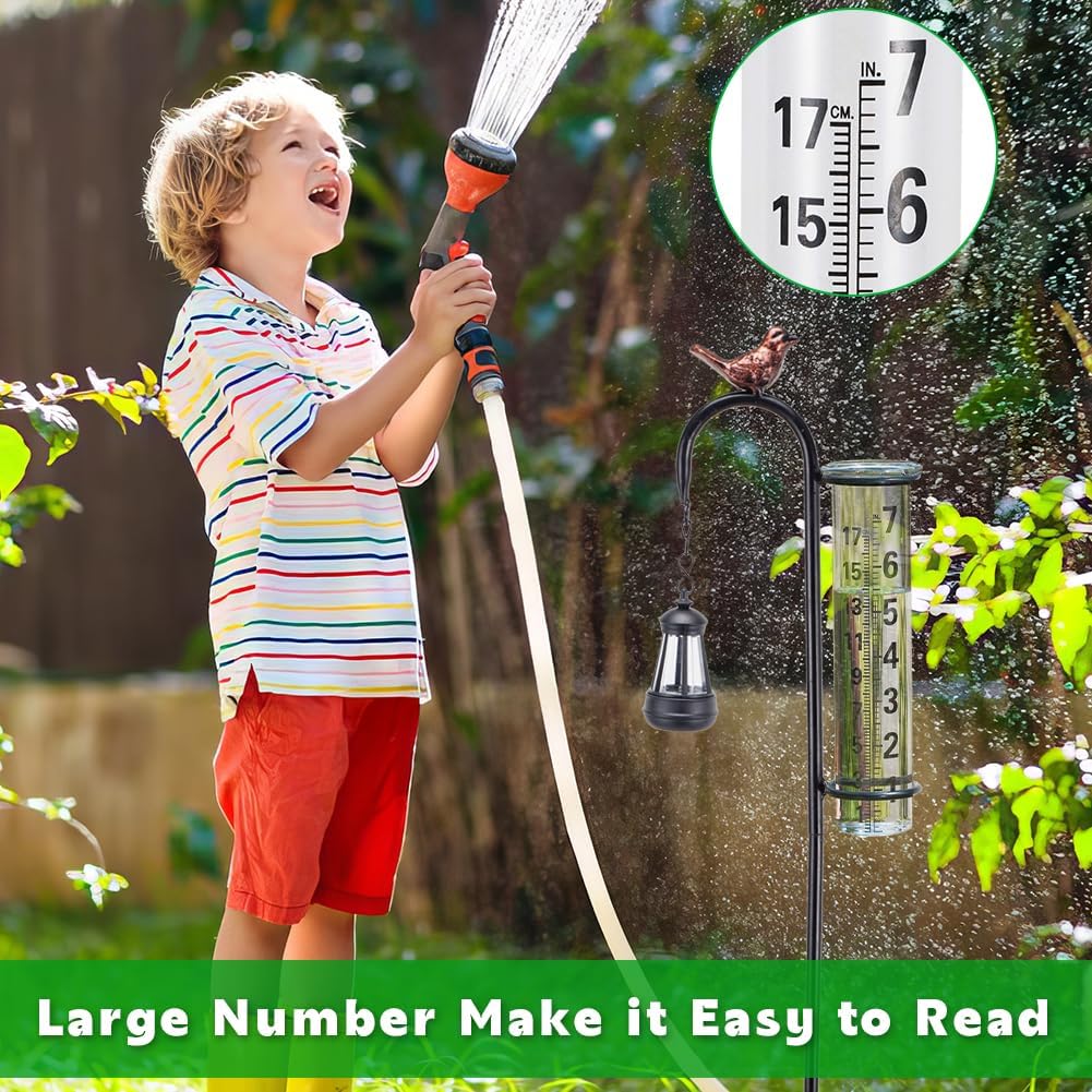 Rain Gauge Outdoor, Hummingbird Solar Rain Gauges with 7" Glass Tube, Street Lamp Shaped Decorative Rain Gauge for Garden Yard Lawn Decor