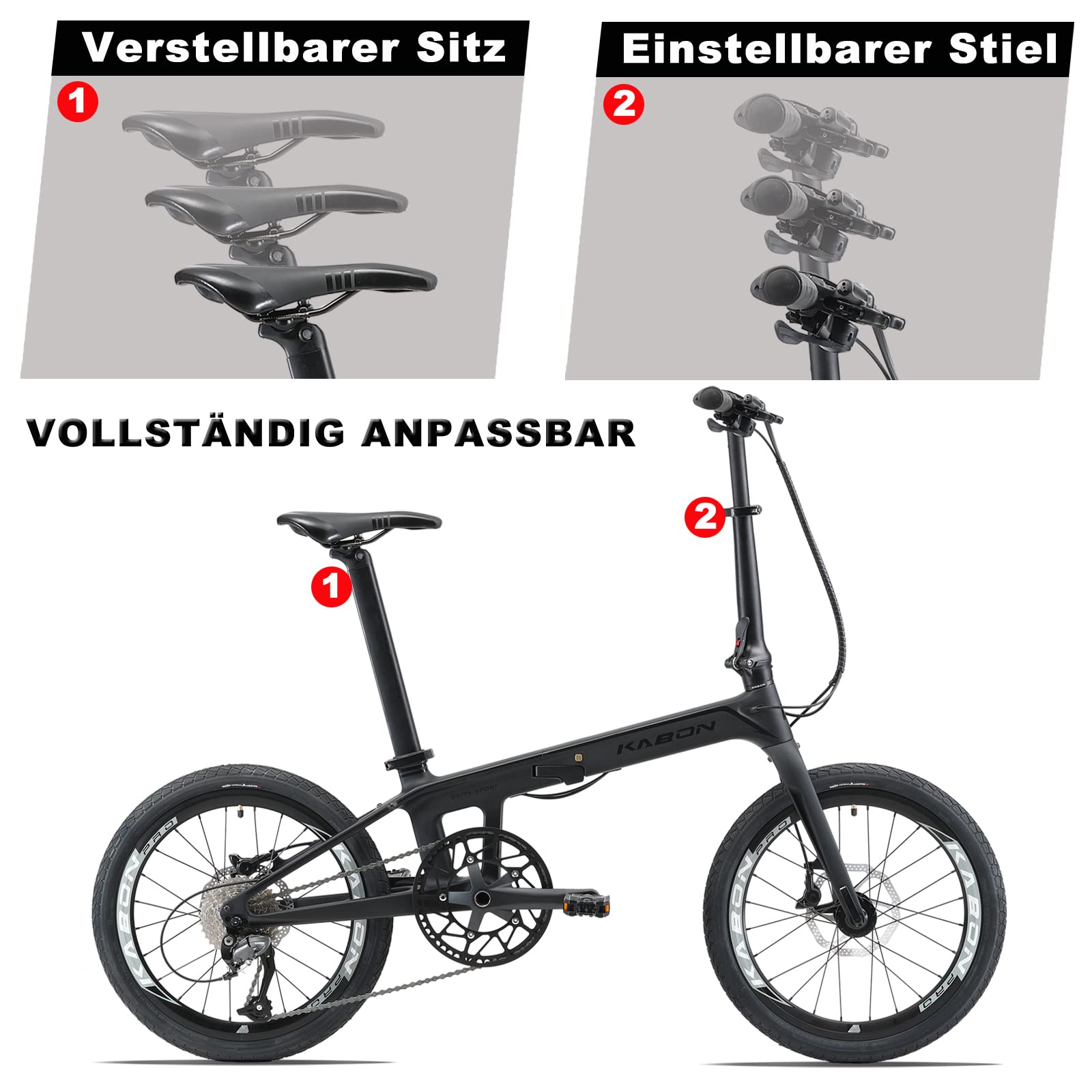 KABON Klapprad 20 Zoll Carbon, 9 Geschwindigkeit Faltrad mit Carbon Rahmen Ultraleichtes Mini Stadtfahrrad Faltrad Klapprad Herren Damen