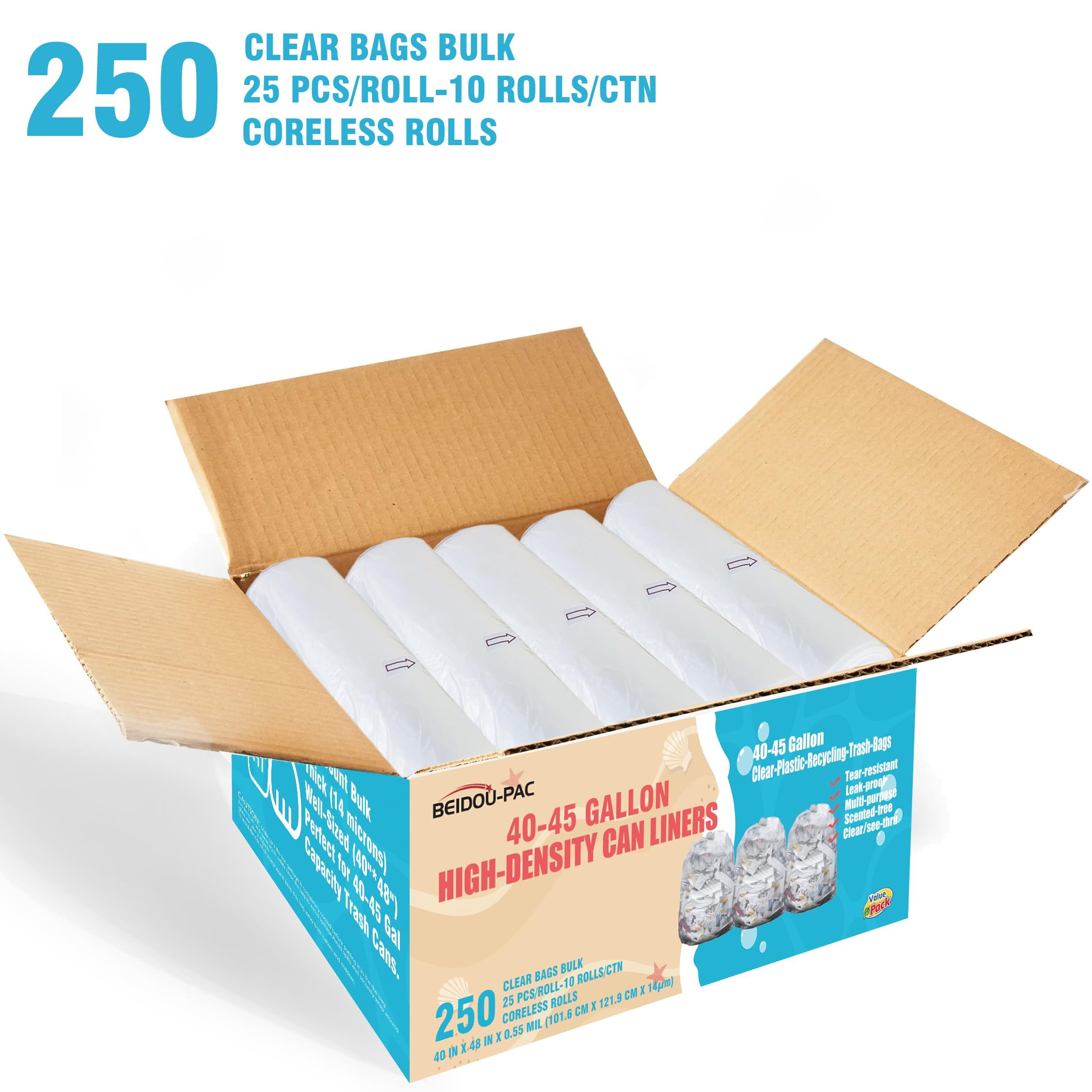 BEIDOU-PAC Bolsas de basura transparentes de 40 a 45 galones, 250 unidades