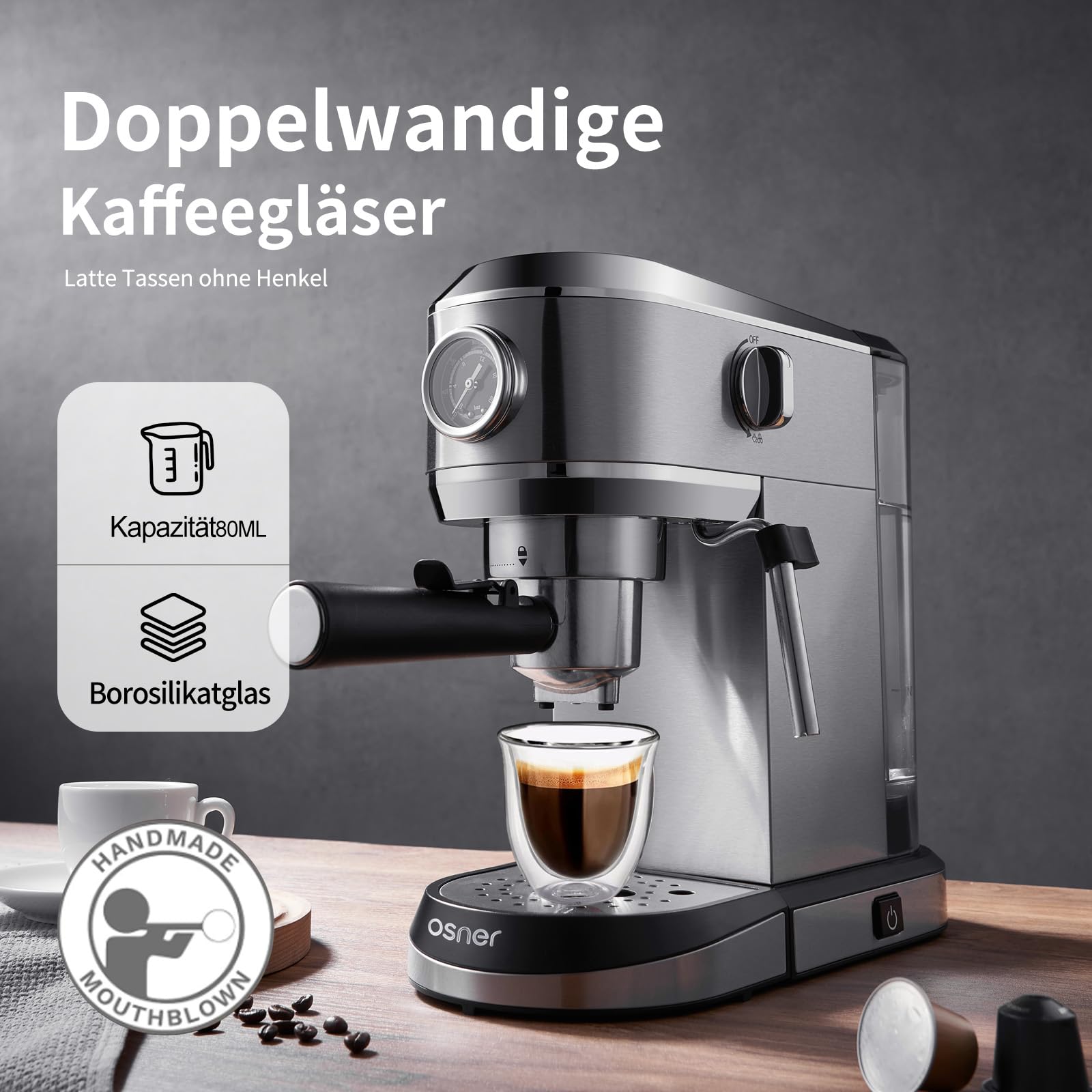 Espressotassen Glas 80 ml 6er Set – Doppelwandige Espressogläser aus Borosilikatglas, Isolierend & Hitzebeständig, Espresso Gläser für Espresso, Cappuccino & Mokka, Spülmaschinenfest