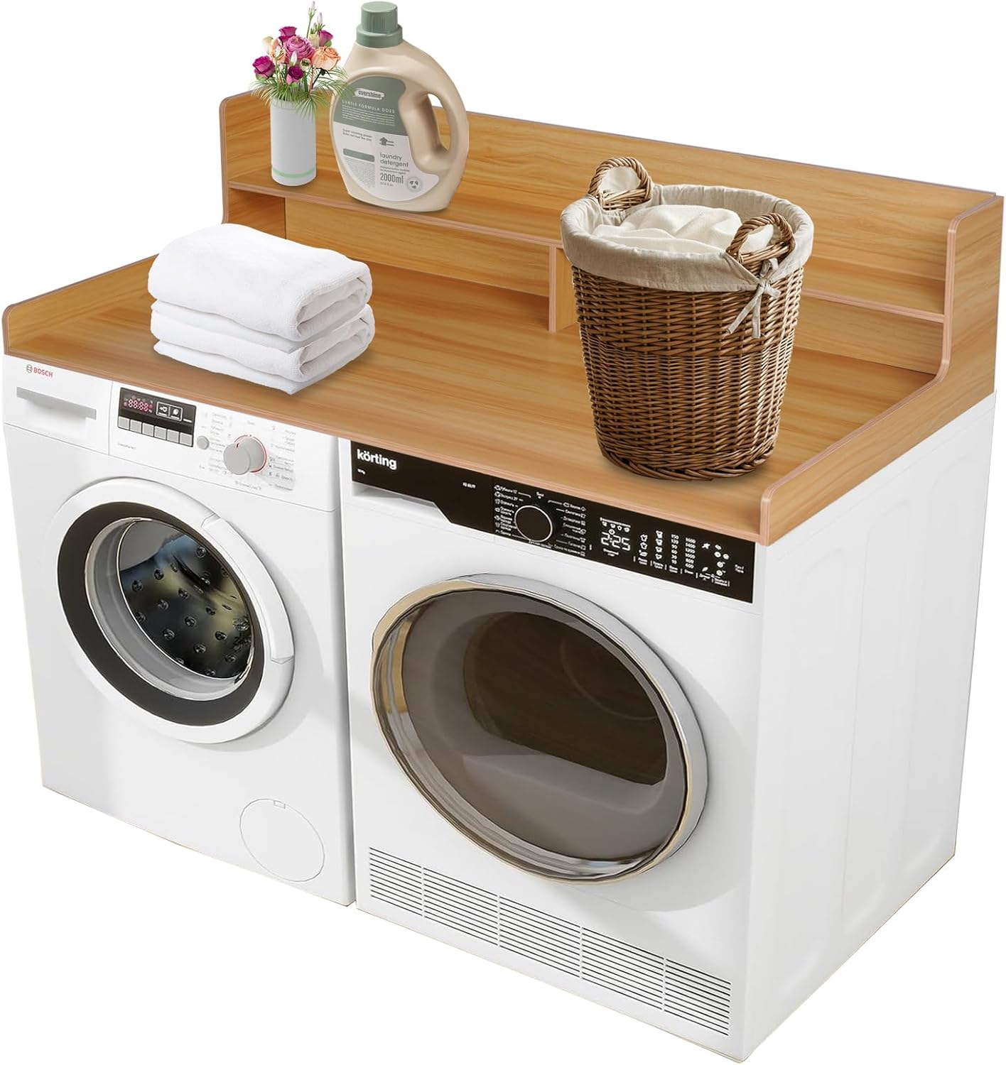 Washer Dryer Countertop, 54" W * 27.4D” * 12”H Laundry Countertop with Shelf, Wood Laundry Topper for Washer and Dryer for Folding Clothes and Efficient Organization (Light Walnut)