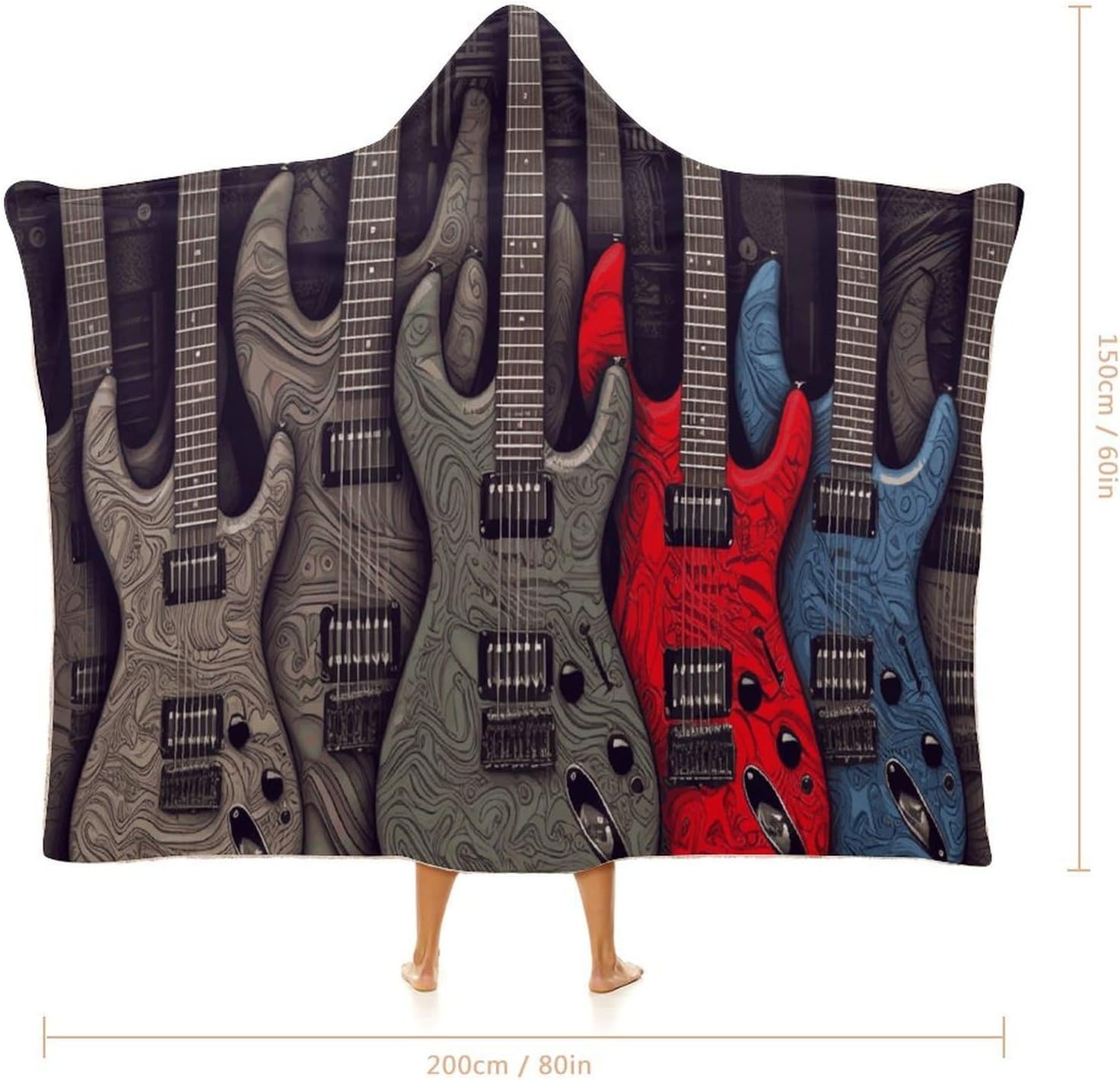 Guitar Pattern Wearable Hooded Blanket, Ultra Soft Arctic Velvet Cape Cloak Unisex - Cozy Wearable Blanket