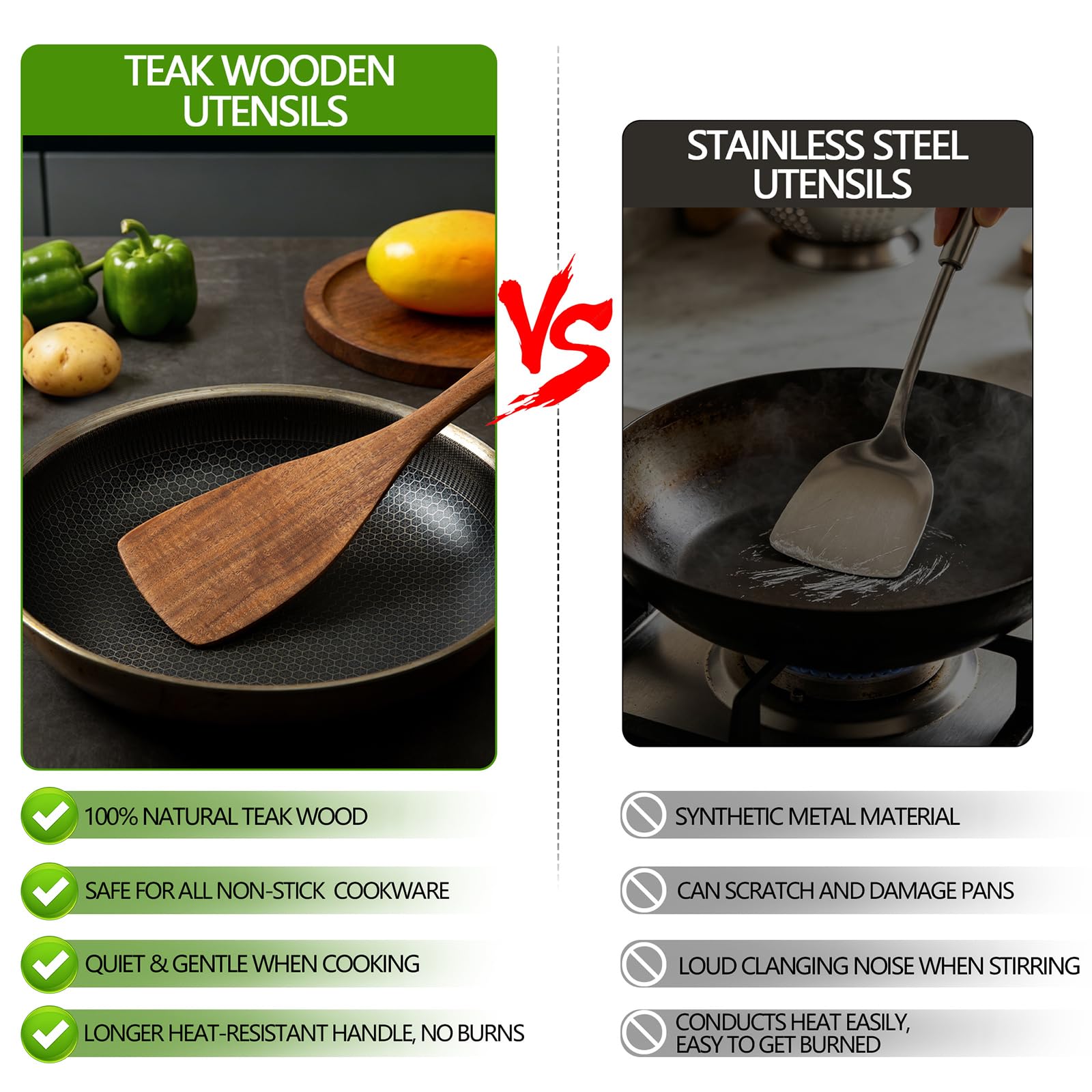 BOKALAKA Juego de 10 utensilios de cocina de madera de teca natural, espátulas y cucharas para cocinar