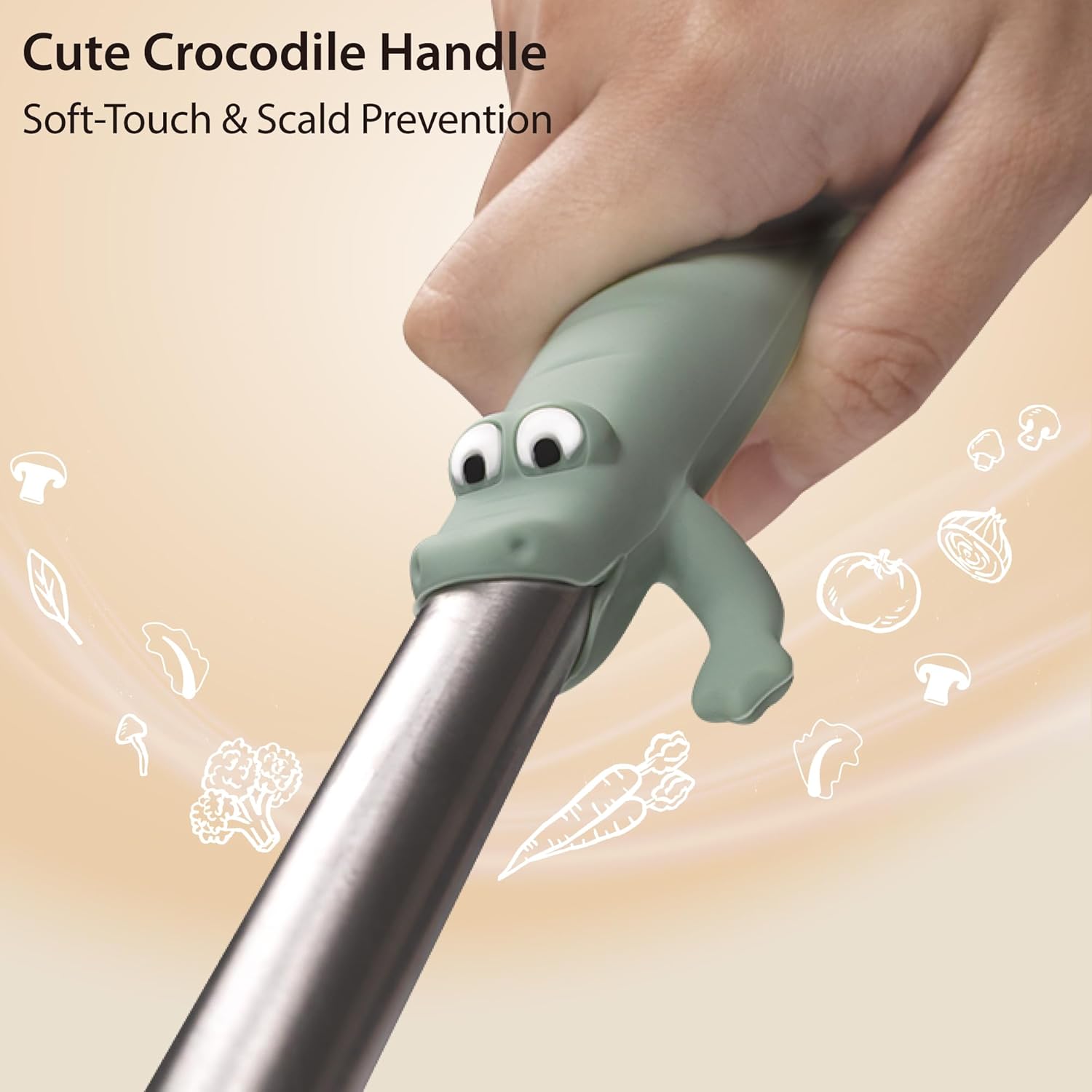 BONE Crocodile-Inspired Kitchen Utensils Set (3 Pcs), Self-Standing Stainless Kitchen Utensils with Heat-Resistant Silicone Handle, BPA-Free Cute Animal Cooking Tools with Spatula, Spoon, Pasta Server