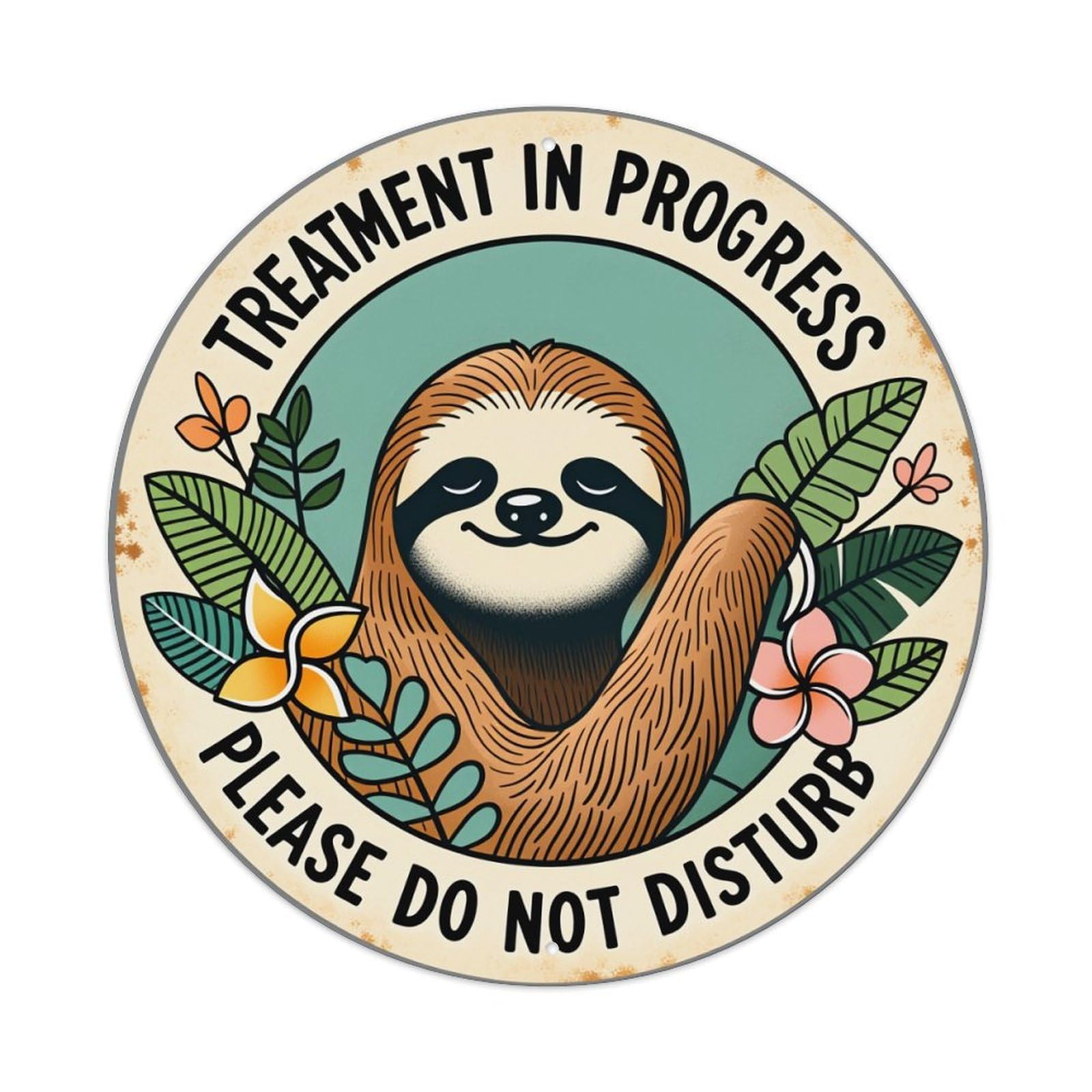 Sloth With Flowers And Leaves In Circle Round Vintage Tin Sign,Retro Wall Art,Metal Poster for Home, Bar, Garage, Cafe, Rustic Indoor & Outdoor Decor, 8x8 Inches