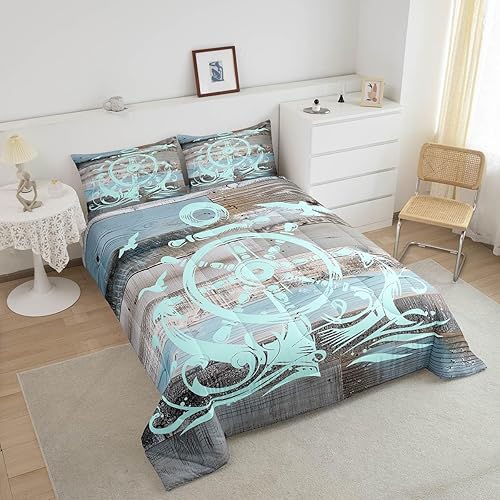 Miniatura 3 de Juego de edredón de ancla náutica, tamaño King, edredón acolchado con ancla del océano, juego de ropa de cama retro con brújula para niños,