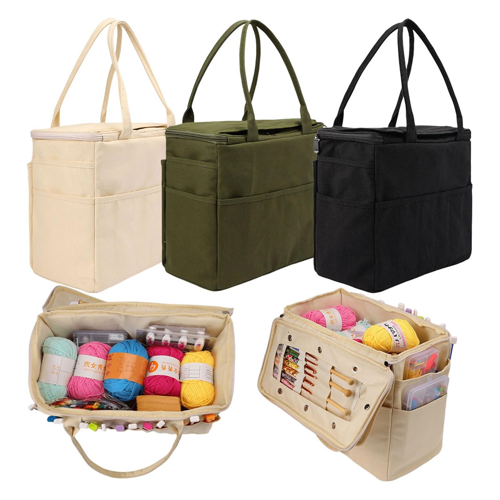 Handarbeitstasche Große Tragetasche, Organizer, Aufbewahrungstasche aus Segeltuch for Garn, solide Häkeltasche mit mehrschichtigen Taschen for Haken und Stricknadeln(Green)