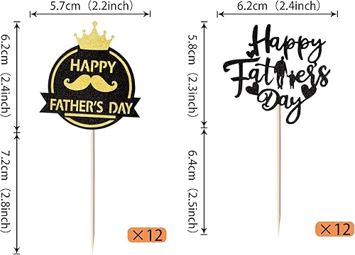 Miniatura 9 de Paquete de 24 adornos para cupcakes con purpurina para el Día del Padre, con purpurina para el mejor papá del mundo, sombrero de bigote #1 para