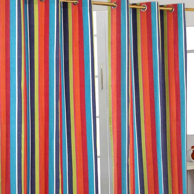 HOMESCAPES Multi Stripes - Orange Blue Yellow - Eyelet Curtain Pair 117cm (46") Wide x 137cm (54") Drop 100% Cotton Ring Top Striped Curtains