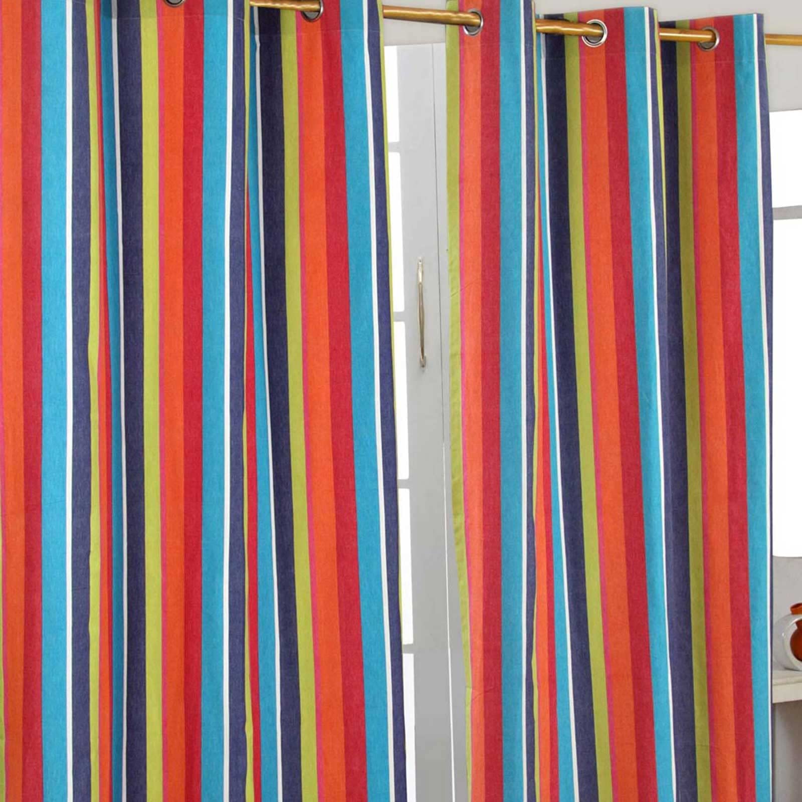Homescapes Unisex Kids Multicolor Multi Stripes Ready Made Eyelet Curtain Pair | Size: 140Cm Width X 183Cm Drop
