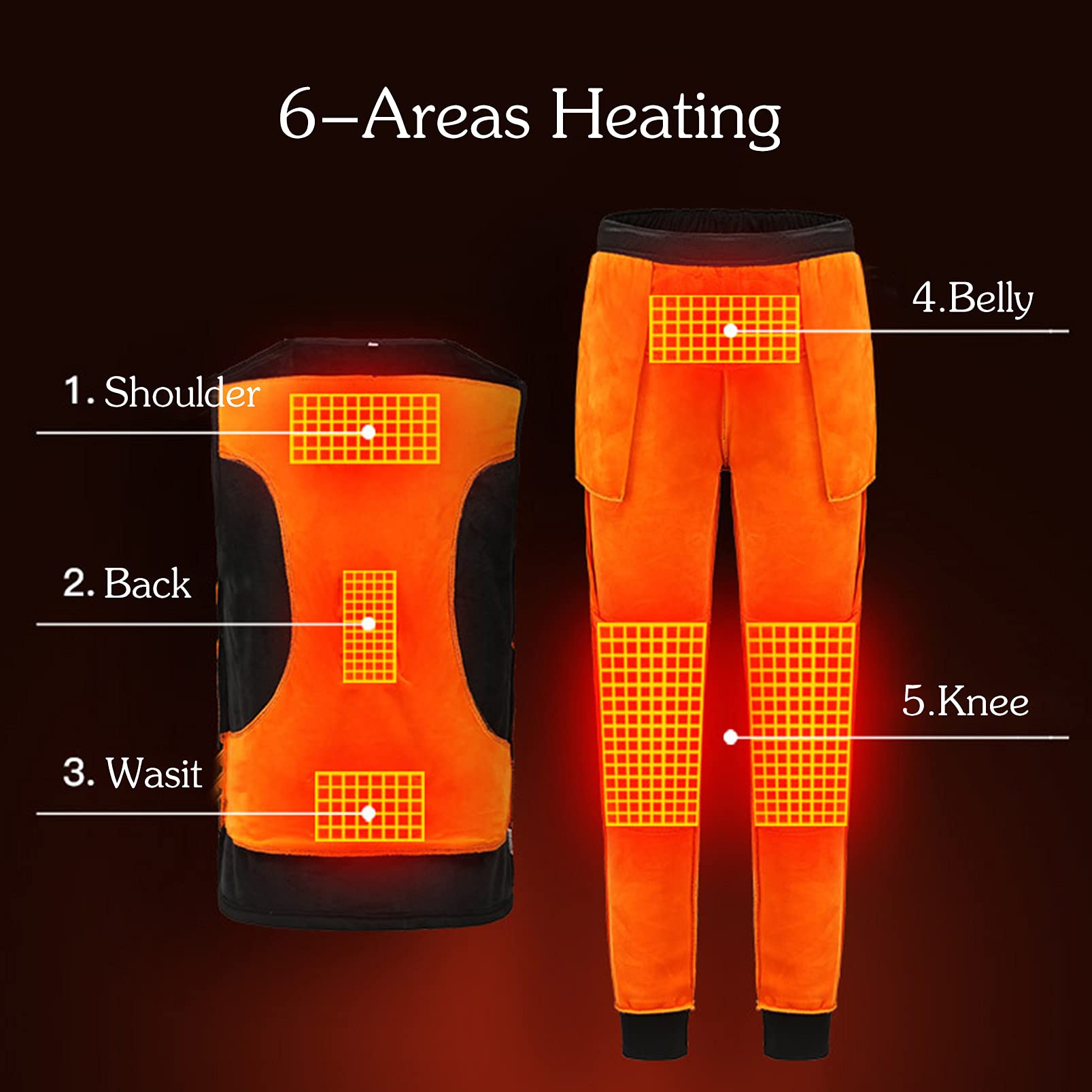 Tuta Intima Calda 6 Zone USB riscaldata elettricamente Invernale Controllo Intelligente della Temperatura Strato Base Caldo Vestiti e Pantaloni (Nero 3XL) (Nero L)