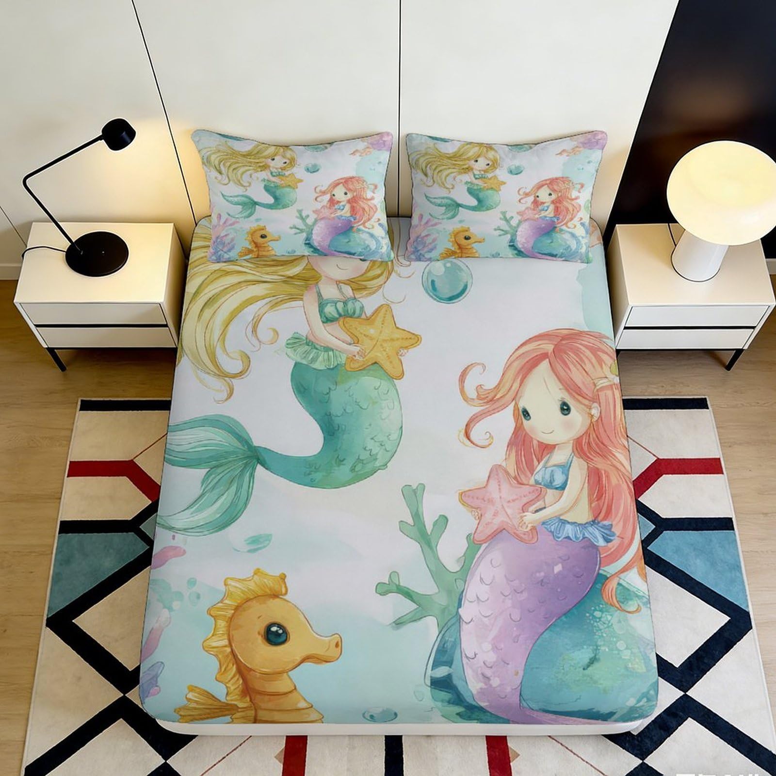 3D Printed Mermaid Pattern Fitted Sheet Microfiber Soft Breathable Underwater Theme Bed Cover for Bedroom Dormitory Guest Room Mattress Protection 160x200x25cm