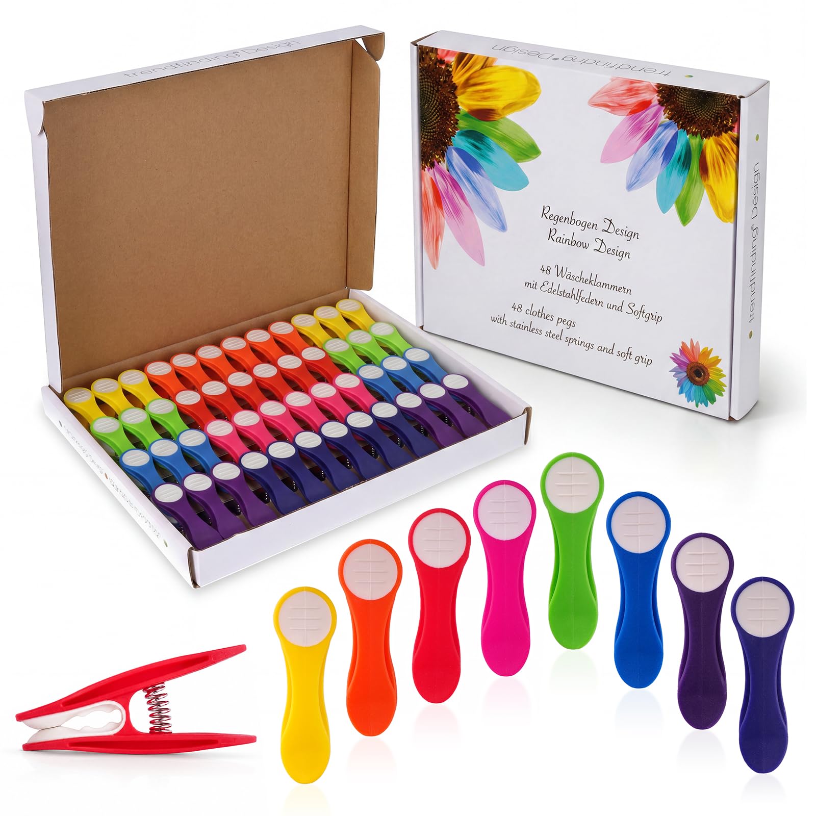 trendfinding 48 Rainbow Clothes Pegs Colourful with Stainless Steel Springs and Soft Grip, Durable and Sustainable in Environmentally Friendly Cardboard Packaging