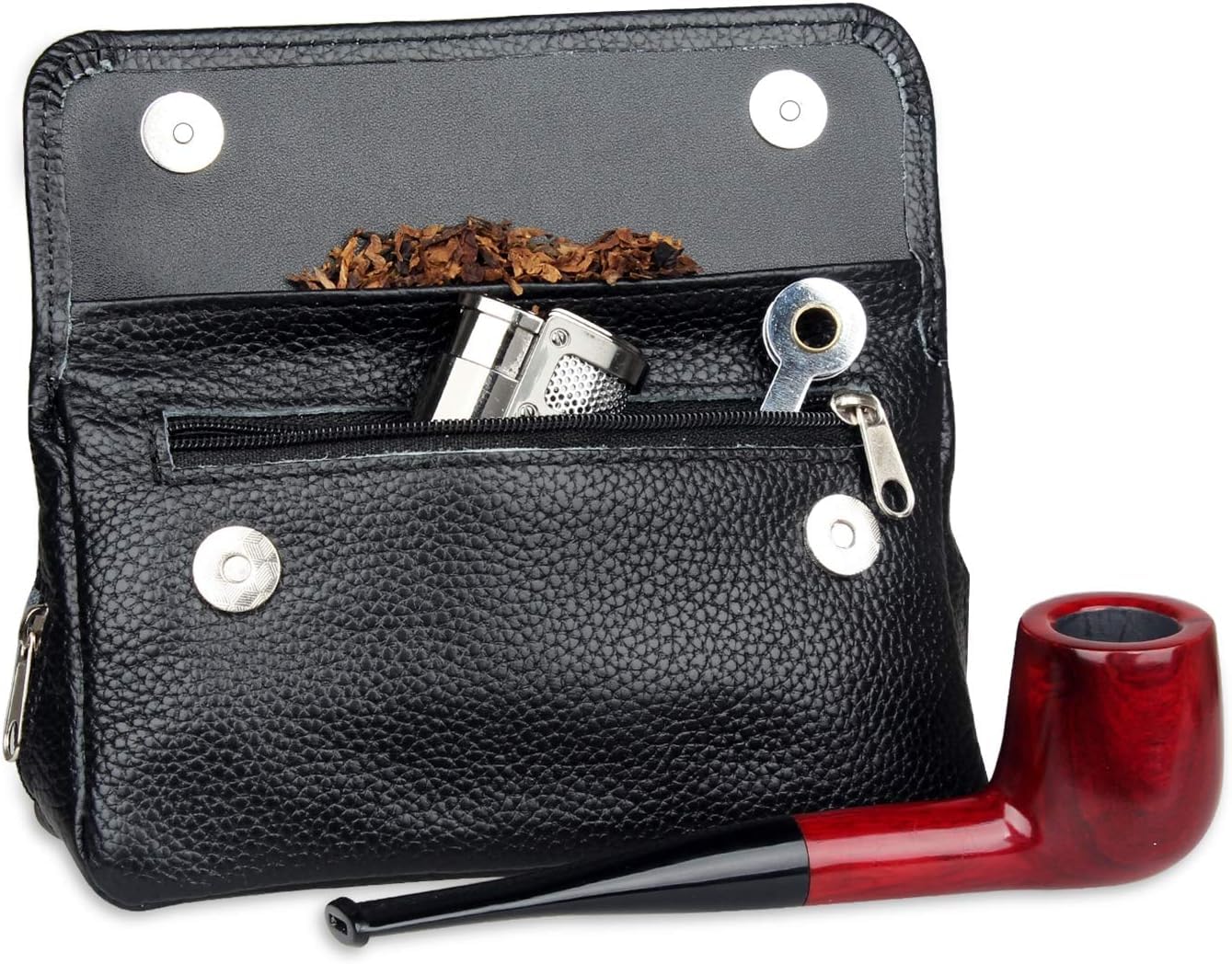 Soft Genuine Leather Smoking Tobacco Pipe Pouch Portable Case Bag for 2 Pipes Tamper Filter Tool Cleaner Preserve Freshness,Black