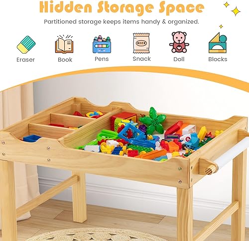Miniatura 5 de HONEY JOY Mesa para niños, mesa de actividades de madera 2 en 1 con rollo de papel, mesa de bloques de construcción convertible, 3 compartimentos de