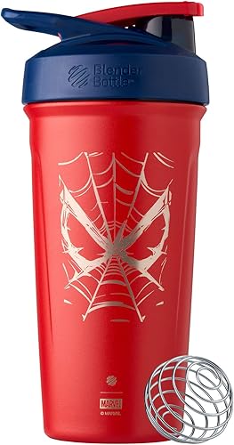 BlenderBottle Marvel Strada - Botella de agua aislada de acero inoxidable con batidor de alambre, 24 onzas, Spiderman Web
