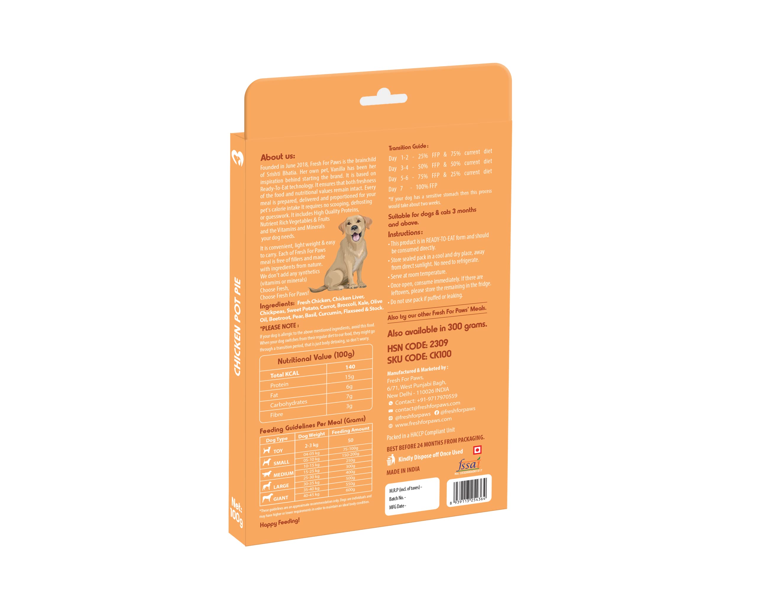 FRESH FOR PAWS 100% Natural and Human Grade Chicken Pot Pie Fresh Wet Dog Food Ready to Eat | Complete and Balanced Meals for Dogs with Healthy Fats and High Protein | All Breed | 100 Gram Pack of 6