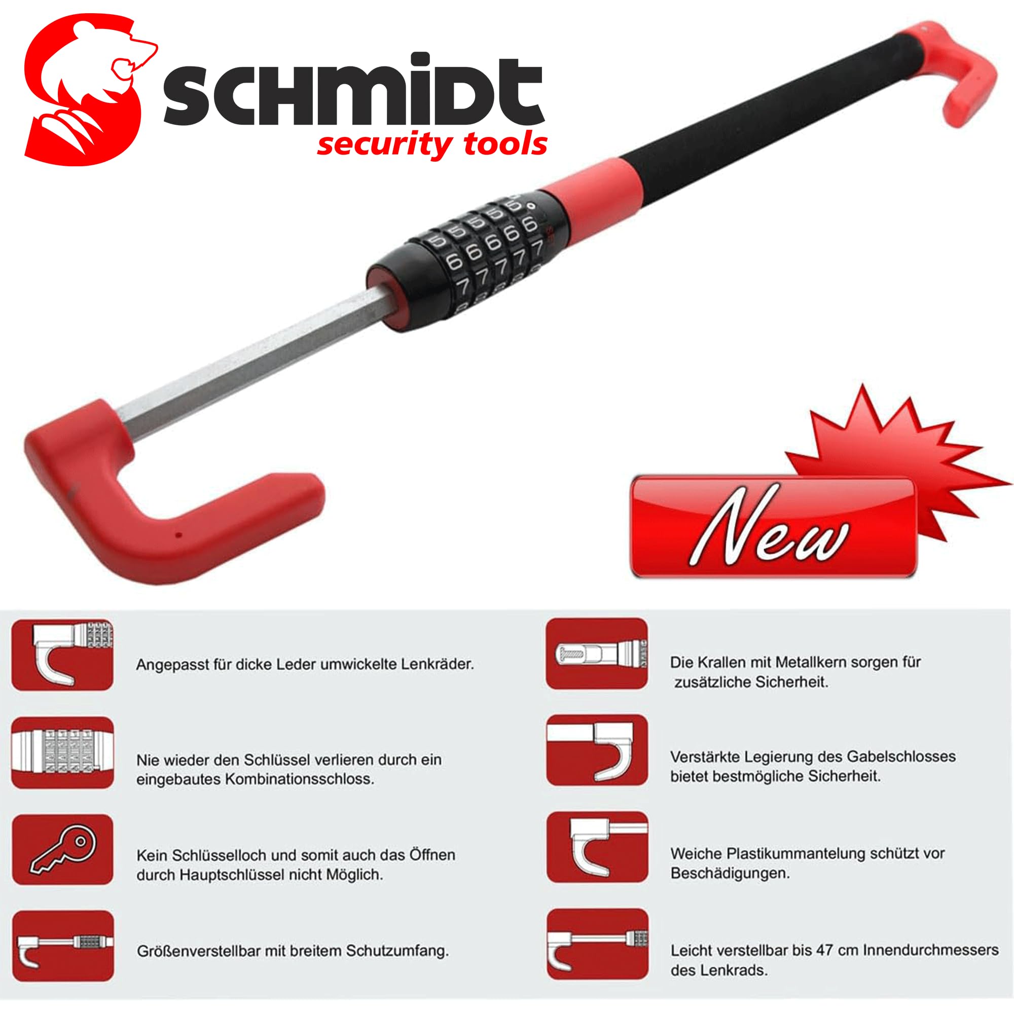SCHMIDT security tools Blocco del pedale del volante Dispositivo antifurto da 49,5-78 cm Blocco del pedale