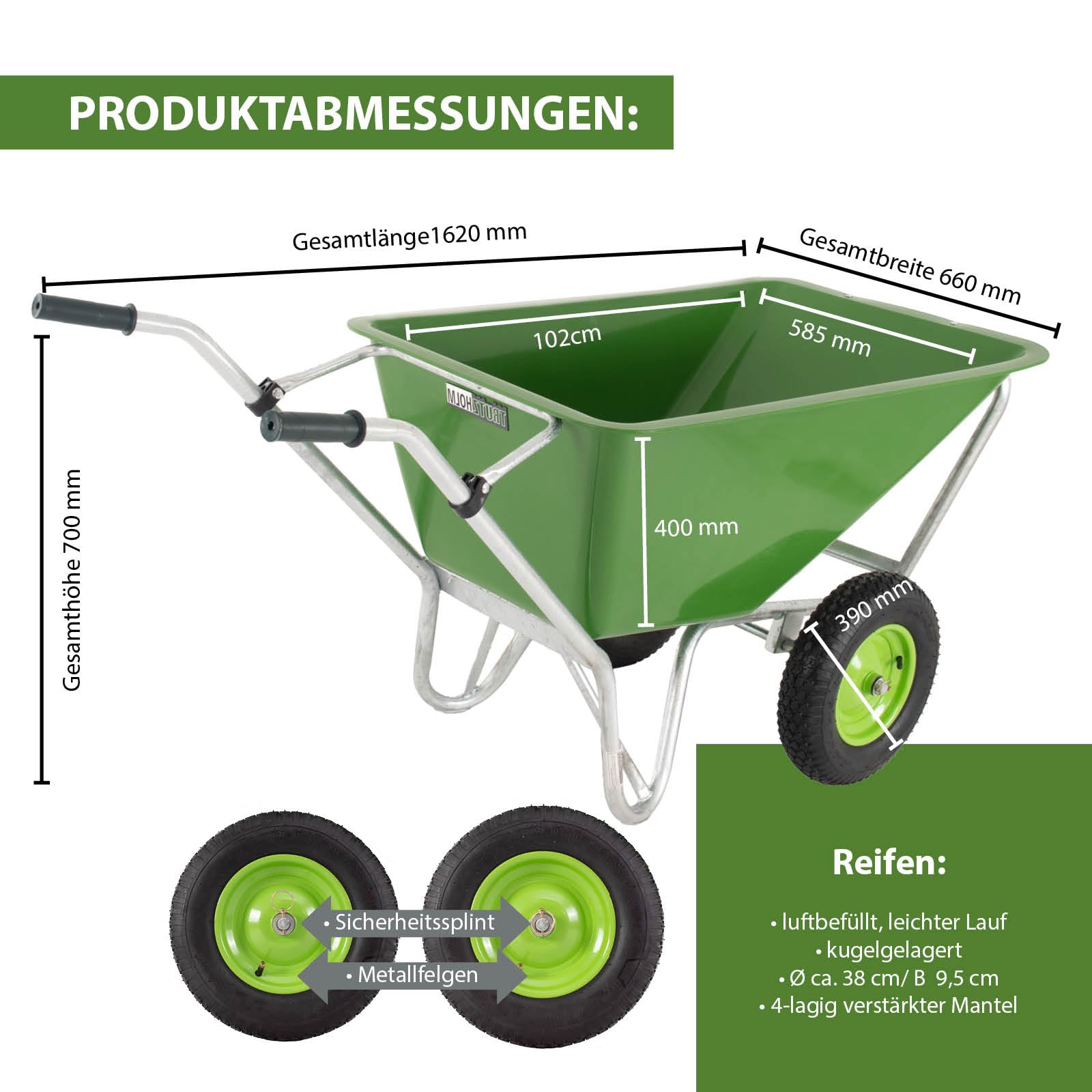 TRUTZHOLM 2-Rad Schubkarre 200 Liter 300 Kg Tragkraft Rahmen Stahl verzinkt robuste große Mulde 162x70 cm Gartenschubkarre Schiebkarre Hofkarre Futterkarre
