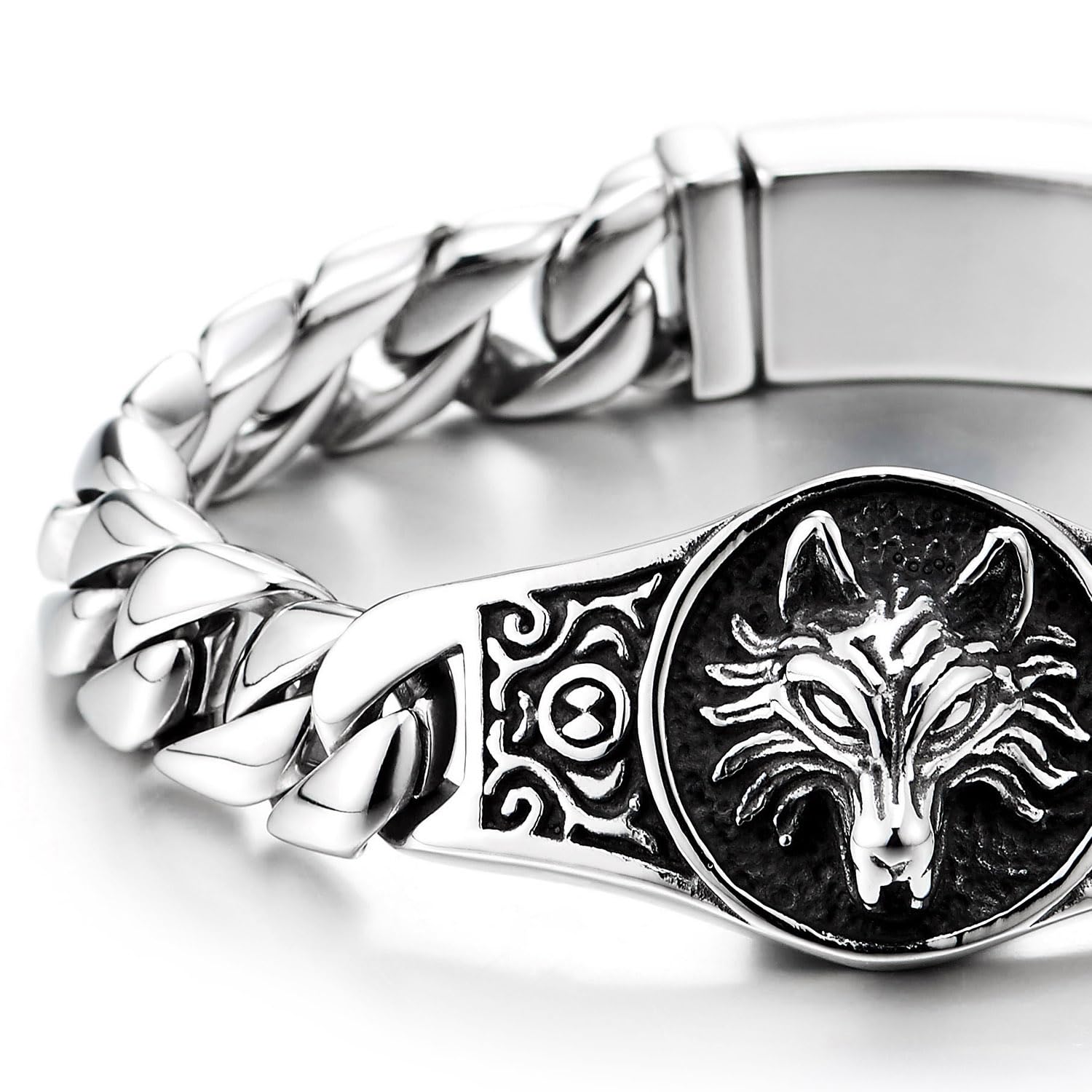 COOLSTEELANDBEYOND Pulsera Medallón Cabeza de Lobo en Acero Inoxidable para Hombre, Joyería Totem Vikinga Nórdica Resistente, Cadena Curb Plata Pulida