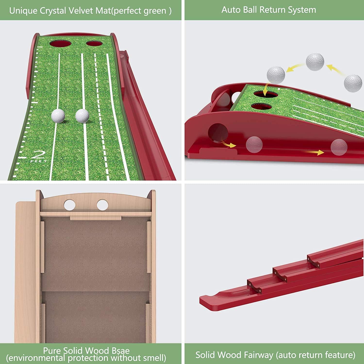 Wood Golf Putting Green Mat with Auto Ball Return System Mini Golf Game Practice Equipment and Golf Gifts for Men Home Office Backyard Indoor Outdoor Use (Indoor Golf)