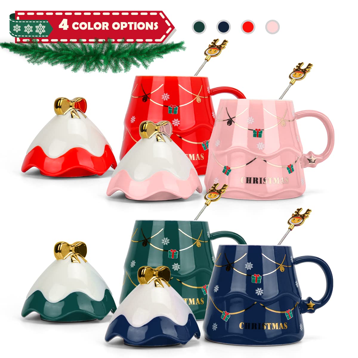 Weihnachtsbaum-Kaffeebecher Set Aus Keramik – 500 Ml, Mit Deckel & Löffel, Bunt