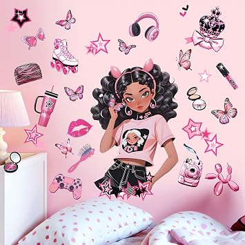 Bedroom Wall Stickers for Black Girls Peel and Stick Fashion African American Butterfly Wall Decals - Wall Art Decor Kids Supplies Ages 1 2 3 4 5 6 7 8 9 10 11 12 Year