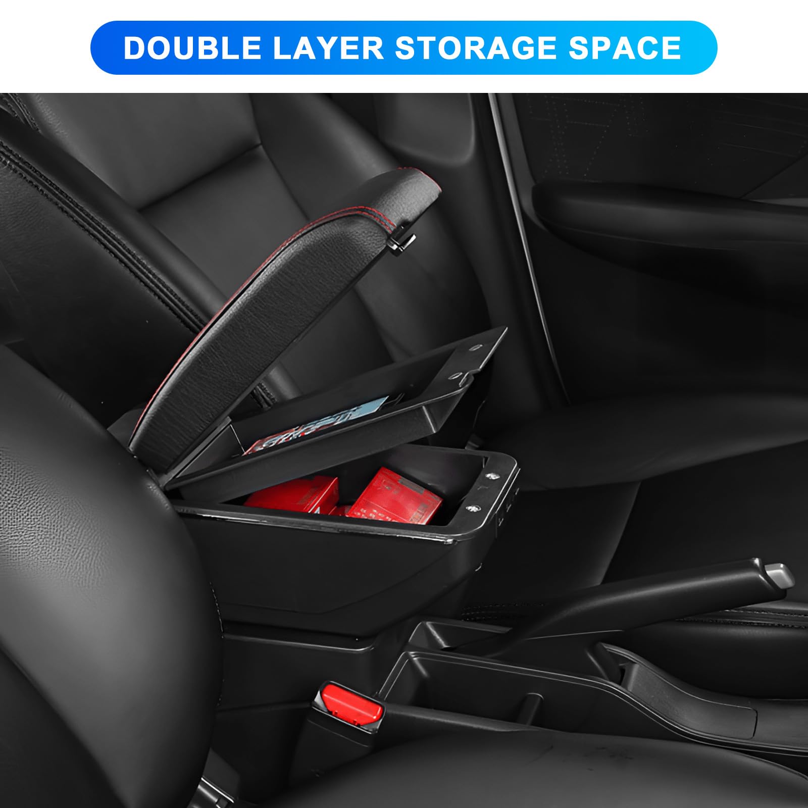 Bracciolo compatibile con Dacia Duster II 2019-2023, bracciolo centrale con 7 USB a doppio strato, scatola portaoggetti in pelle nera, linea rossa