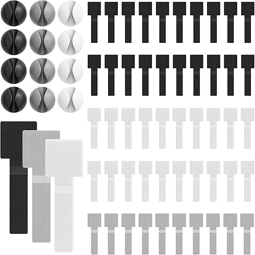 NiHome Juego de organizador de cables con 12 clips de silicona y 50 lazos de , soportes de cables autoadhesivos para escritorio, pared, TV, PC,